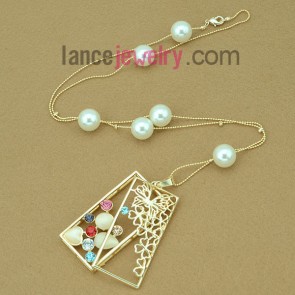 Rectangle alloy pendant pearl chain necklace