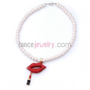 Pearl strand rhinestone ornate red lip pendant necklace