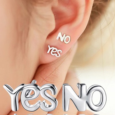 925 Silver Stud Earring Small Impish Fashionable Letter YES and NO Earring