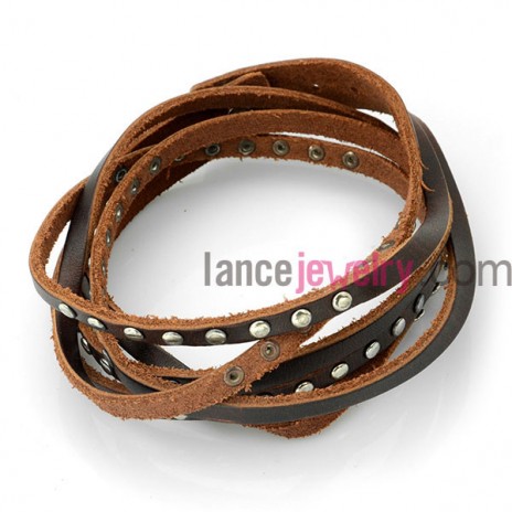 Special bracelet with brown leather decorated rivet and aluminum studs