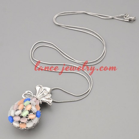 Lovely necklace with metal chain & colorful cat eyes pendant 