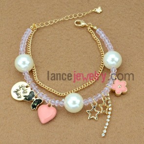 Distinctive big beads & flower decoration chain link bracelet