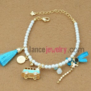 Fresh blue bowknot & small bus decoration chain link bracelet