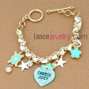 Unique chain link bracelet decorated with rhinestone pendants