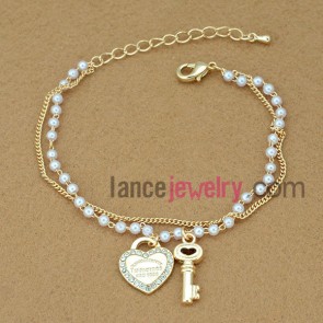 Pleasant heart-shaped lock decoration beads chain link bracelet