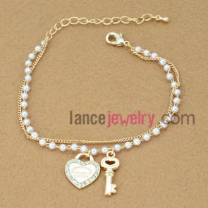 Elegant beads chain link bracelet with heart-shaped lock & key decoration