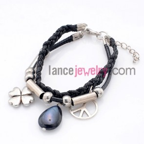 Fashion clover & peace pendant ornate weaving bracelet