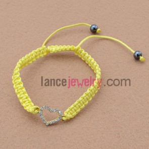 Sweet heart rhinestone alloy parts decorated weaving bracelet