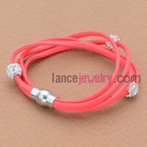 Fashion rhinestone bead and alloy findings ornate red color leather bracelet