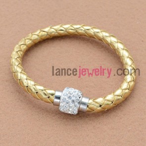 Fashion rhinestone bead and alloy findings golden color leather weaving bracelet