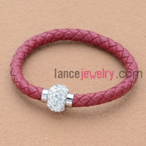 Fashion rhinestone bead and alloy findings dark-red color leather bracelet