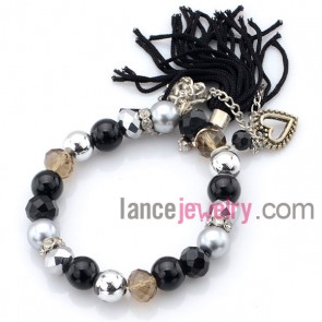 Fashion crystal?&acrylic beads decorated bracelet with tassels and alloy pendant