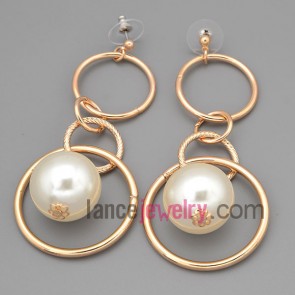 Elegant earrings with gold brass decorated abs beads and rings pendant