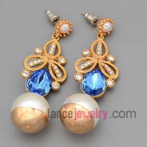 Shiny earrings with gold brass decorated many rhinestone and blue crystal and abs pendant