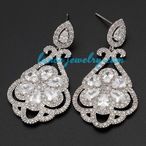 Sweet brass alloy earrings decorated with cubic zirconia flower model