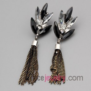 Personality earrings with zinc alloy  decorated black and white rhinestone and crystal and chain pendant