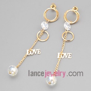 Romantic earrings with gold zinc  alloy rings decorated shiny rhinestone and chain pendant with love letters