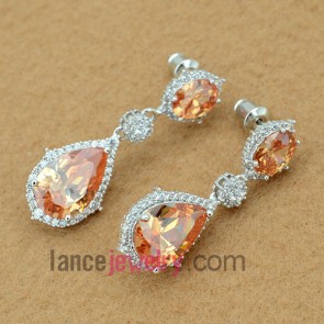Romantic earrings with copper alloy pendant decorated orange cubic zirconia 
