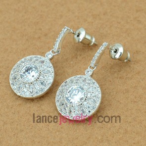 Pure earrings with copper alloy pendant decorated transparent cubic zirconia 
