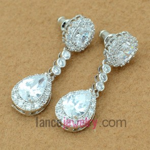 Cute earrings  with copper alloy pendant decorated transparent cubic zirconia with drop shape 