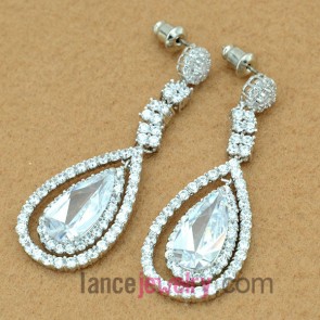 Delicate earrings with copper alloy pendant decorated transparent cubic zirconia 
