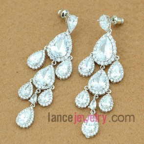 Fashion earrings with copper alloy pendant decorated transparent cubic zirconia with different drop shape 