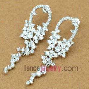 Glittering earrings with copper alloy pendant decorated many small size transparent cubic zirconia 