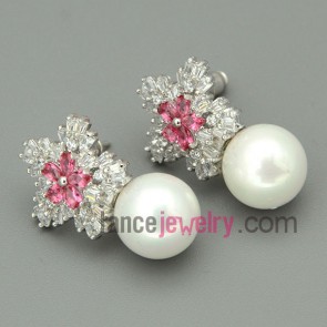 Glittering flower and imitation pearls pendants drop earrings