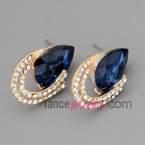 Cute stud earrings with gold brass  decorated shiny rhinestone and deep blue crystal