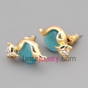 Fashion stud earrings with zinc alloy decorated many rhinestone and light blue crystal with fox model