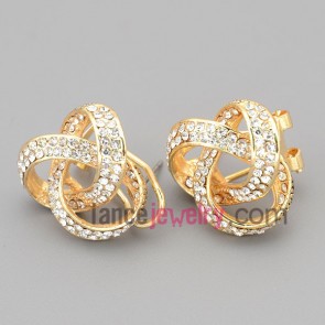 Lovely stud earrings with gold zinc alloy rings decorated many rhinestone 