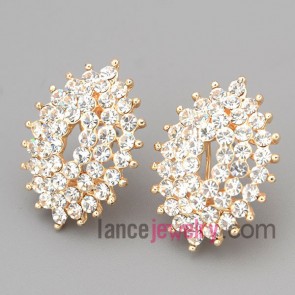 Shiny stud earrings with gold zinc alloy decorated shiny rhinestone with figure five 