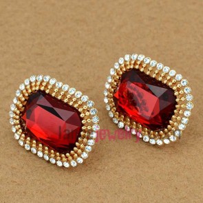 Fancy zinc alloy stud earrings decorated with red crystal & rhinestone 
