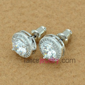Charming stud earrings with copper alloy decorated transparent cubic zirconia with circle