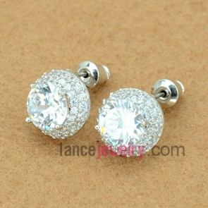 Delicate stud earrings with copper alloy decorated transparent cubic zirconia with circular