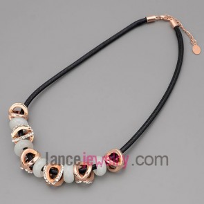 Personality necklace with black hide rope and alloy rings decorate rhinestone