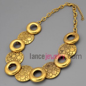 Statement necklace with gold metal chain & alloy part with rings and circle model