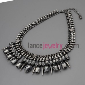 Cool necklace with silver metal chain & alloy part decorate shiny rhinestone and crystal