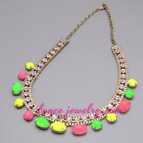 Dazzling necklace with different color resin beads & shiny rhinestone