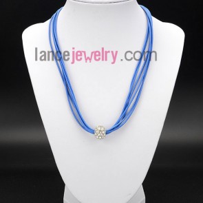Delicate necklace with ring decorated rhinstone and blue wax rope
