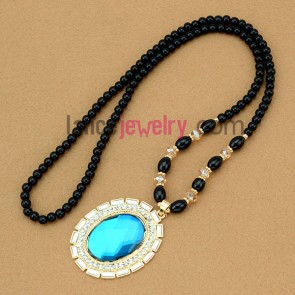 Trendy blue glass pendant sweater chain necklace