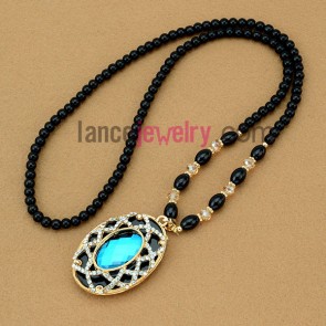 Fashion blue oval pendant ornate  strand necklace