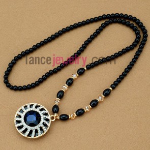 Trendy blue round glass pendant sweater chain necklace