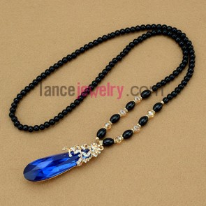 Trendy blue drop crystal pendant sweater chain necklace
