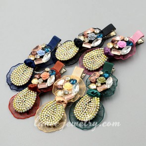 Colorful fabric hair clip with crystal & rhinestone decoration