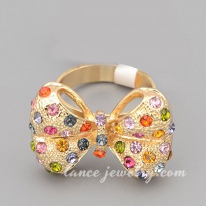 Sweet ring with shiny  multicolor rhinestone in bowknot  shape