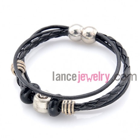 Fashion alloy findings ornate black color leather bracelet