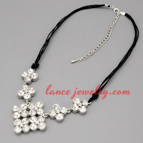 Glittering necklace with black hide rope & zinc alloy pendant 
