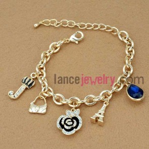 Practical blue crystal and black flower decoration chain link bracelet