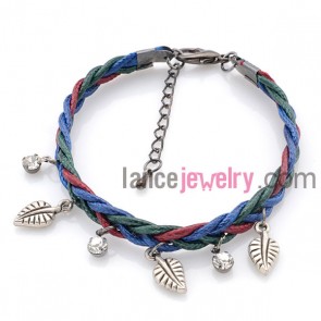 Fashion leaf and rhinestone pendants ornate charm bracelet